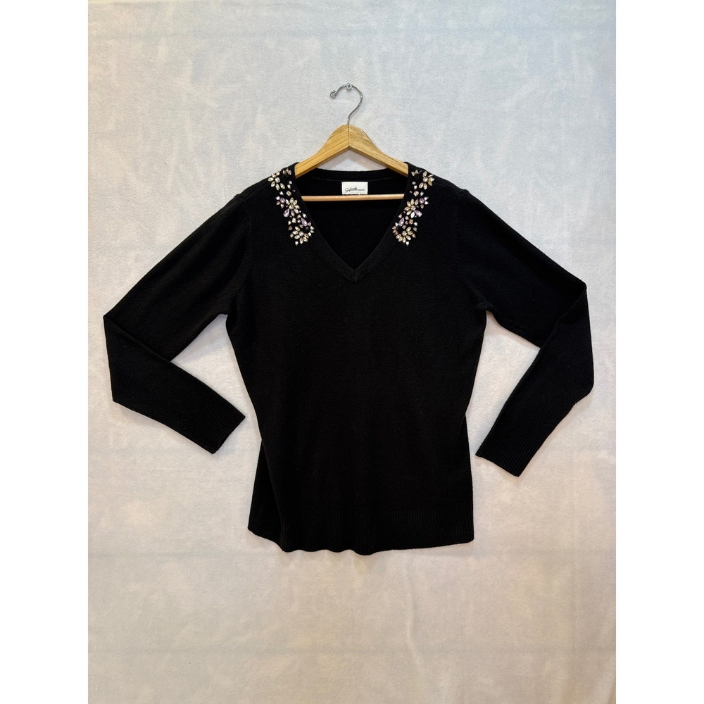 Jaclyn Smith Collection Black Sweater Jeweled Embellished V Neck Long‎ Sleeve